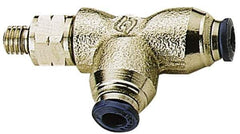 Alpha Technologies - 1/8" Outside Diam, 10-32 UNF, Nickel Plated Brass Push-to-Connect Male Swivel Run Tee - 250 Max psi, Tube to Male UNF Connection, Buna O-Ring - USA Tool & Supply