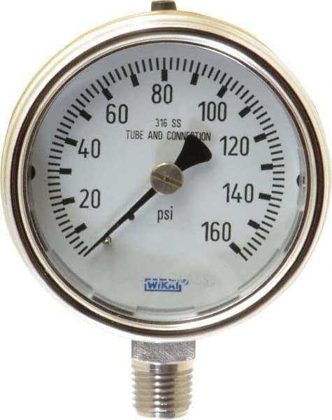 Wika - 2-1/2" Dial, 1/4 Thread, 0-160 Scale Range, Pressure Gauge - Lower Connection Mount, Accurate to 2-1-2% of Scale - USA Tool & Supply
