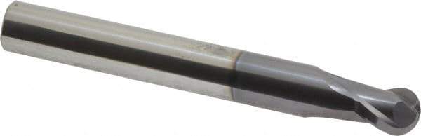 Accupro - 1/2" Diam, 1/2" LOC, 2 Flute Solid Carbide Ball End Mill - AlTiN Finish, Single End, 4" OAL, 1/2" Shank Diam, Spiral Flute - USA Tool & Supply