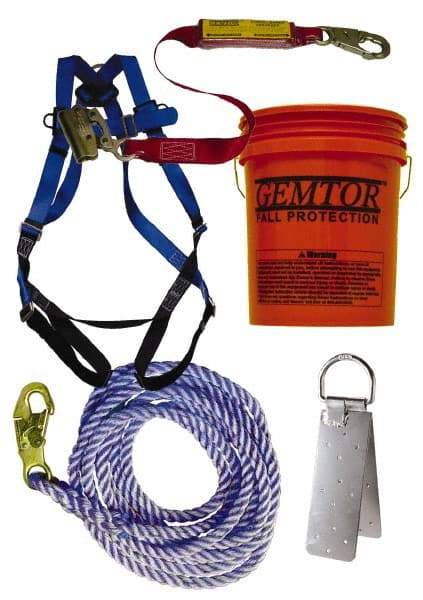 Gemtor - Universal Size, 300 Lb. Capacity, Polyester Roofer Fall Protection Kit - 3 Ft. Lanyard Long, Reusable Anchor, Blue, Black and Red - USA Tool & Supply