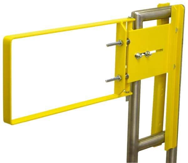 FabEnCo - Powder Coated Carbon Steel Self Closing Rail Safety Gate - Fits 17 to 18-1/2" Clear Opening, 21-1/2" Wide x 12" Door Height, 34 Lb, Yellow - USA Tool & Supply