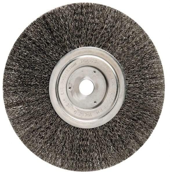 Weiler - 8" OD, 3/4" Arbor Hole, Crimped Steel Wheel Brush - 1/2" Face Width, 2-1/16" Trim Length, 0.014" Filament Diam, 6,000 RPM - USA Tool & Supply