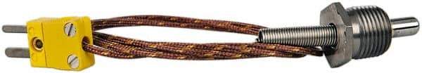 Thermo Electric - 0 to 900°F, K Pipe Plug, Thermocouple Probe - 5 Ft. Cable Length, Mini Connector, 1/2 Inch Probe Sheath Length, 6 Sec Response Time - USA Tool & Supply