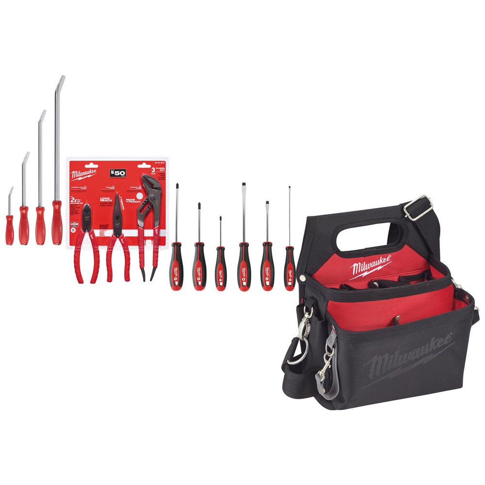 Pry Bar Sets; Type: Pry Bar Set; Material: All Metal Core; Number Of Pieces: 14; Head Width: 1.6000; Includes: Phillips #2 x 6″; 15 Pocket Black & Red Tool Pouch; Phillips #2 x 4″; Slotted 1/4″ x 4″; 10″ Straight-Jaw Pliers; Slotted 5/16″ x 6″; Phillips #