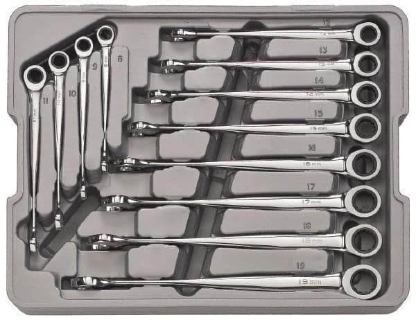 GearWrench - 12 Piece, 8mm to 19mm, 12 Point Combination Wrench Set - Metric Measurement Standard, Full Polish Finish, Comes in Plastic Tray - USA Tool & Supply