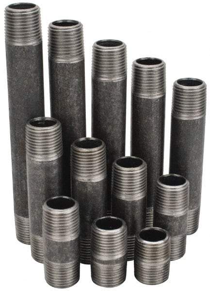 Made in USA - 66 Piece, 1/2" Pipe, Black Finished Steel Pipe Nipple Set - Schedule 40, (6) Close, (6) 1-1/2, (6) 2, (6) 2-1/2, (6) 3, (6) 3-1/2, (6) 4, (6) 4-1/2, (6) 5, (6) 5-1/2, (6) 6 - USA Tool & Supply