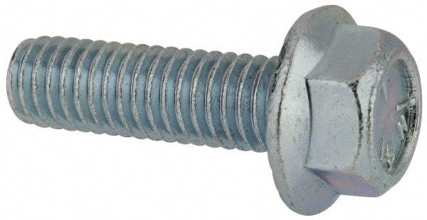 Value Collection - 3/8-16 UNC, 1-1/4" Length Under Head, Hex Drive Flange Bolt - 1-1/4" Thread Length, Grade 5 Steel, Serrated Flange, Zinc-Plated Finish - USA Tool & Supply
