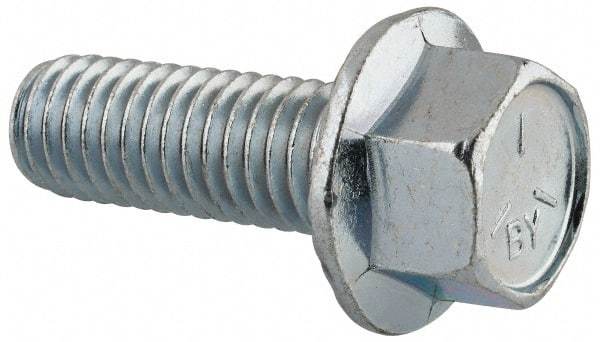 Value Collection - 7/16-14 UNC, 1-1/4" Length Under Head, Hex Drive Flange Bolt - 1-1/4" Thread Length, Grade 5 Steel, Serrated Flange, Zinc-Plated Finish - USA Tool & Supply