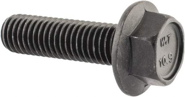 Value Collection - M10x1.50 Metric Coarse, 35mm Length Under Head, Hex Drive Flange Bolt - 35mm Thread Length, Grade 10.9 Alloy Steel, Smooth Flange, Phosphate & Oil Finish - USA Tool & Supply
