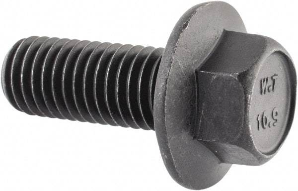 Value Collection - M12x1.75 Metric Coarse, 30mm Length Under Head, Hex Drive Flange Bolt - 30mm Thread Length, Grade 10.9 Alloy Steel, Smooth Flange, Phosphate & Oil Finish - USA Tool & Supply