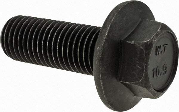 Value Collection - M16x2.00 Metric Coarse, 45mm Length Under Head, Hex Drive Flange Bolt - 45mm Thread Length, Grade 10.9 Alloy Steel, Smooth Flange, Phosphate & Oil Finish - USA Tool & Supply