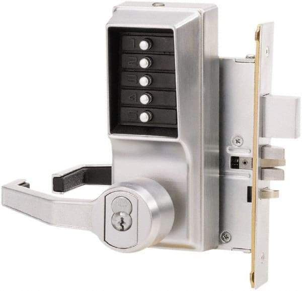 Kaba Access - Combination Entry Lever Lockset with Key Override - 2-3/4" Back Set, No Cylinder, Zamak3, Satin Chrome Finish - USA Tool & Supply