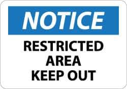 NMC - "Notice - Restricted Area - Keep Out", 10" Long x 14" Wide, Pressure-Sensitive Vinyl Safety Sign - Rectangle, 0.004" Thick, Use for Security & Admittance - USA Tool & Supply