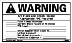 NMC - Accident Prevention Label, Header: WARNING - Legend: Warning - Arc Flash and Shock Hazard - Appropriate PPE Required, English, Black & Orange, 5" Long x 3" High, Sign Muscle Finish - USA Tool & Supply