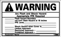 NMC - Accident Prevention Label, Header: WARNING - Legend: Warning - Arc Flash and Shock Hazard - Appropriate PPE Required, English, Black & Orange, 5" Long x 3" High, Sign Muscle Finish - USA Tool & Supply