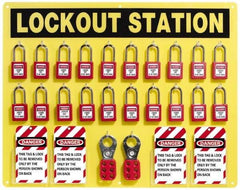 NMC - Equipped Acrylic Tag and Padlock / Hasp Station - 24 Inch Wide x 19 Inch High, Black on Yellow - USA Tool & Supply