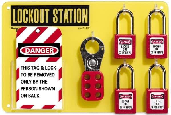 NMC - Equipped Acrylic Tag and Padlock / Hasp Station - 12 Inch Wide x 8 Inch High, Black on Yellow - USA Tool & Supply