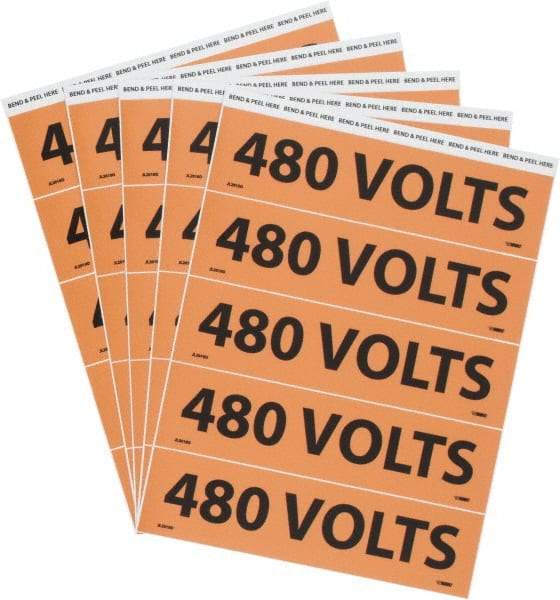NMC - Electrical Markers Label - Legend: 480 Volts, English, Black & Orange, 9" Long x 2-1/4" High, Sign Muscle Finish - USA Tool & Supply