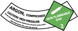 NMC - Hazardous Materials Label - Legend: Argon - Compressed - Caution! - High Pressure - Non Flammable - Gas 2, English, Green, Black & White, 5-1/4" Long x 2" High, Sign Muscle Finish - USA Tool & Supply