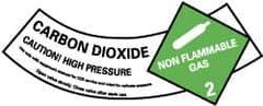 NMC - Hazardous Materials Label - Legend: Carbon Dioxide - Caution! - High Pressure - Non Flammable - Gas 2, English, Green, Black & White, 5-1/4" Long x 2" High, Sign Muscle Finish - USA Tool & Supply