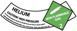 NMC - Hazardous Materials Label - Legend: Helium - Caution! High Pressure - Non Flammable Gas - 2, English, Green, Black & White, 5-1/4" Long x 2" High, Sign Muscle Finish - USA Tool & Supply