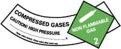 NMC - Hazardous Materials Label - Legend: Compressed Gases - Caution! - High Pressure - Non Flammable - Gas 2, English, Green, Black & White, 5-1/4" Long x 2" High, Sign Muscle Finish - USA Tool & Supply