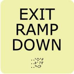 NMC - Exit Ramp Down, Plastic Exit Sign - 8" Wide x 8" High, English/Braille, Glow-in-the-Dark - USA Tool & Supply