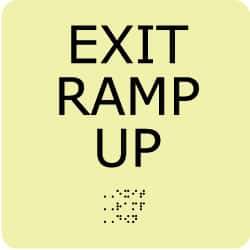 NMC - Exit Ramp Up, Plastic Exit Sign - 8" Wide x 8" High, English/Braille, Glow-in-the-Dark - USA Tool & Supply