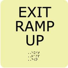 NMC - Exit Ramp Up, Plastic Exit Sign - 8" Wide x 8" High, English/Braille, Glow-in-the-Dark - USA Tool & Supply