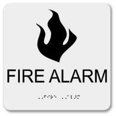 NMC - Fire Alarm, Plastic Fire Sign - 8" Wide x 8" High, English/Braille, Glow-in-the-Dark - USA Tool & Supply