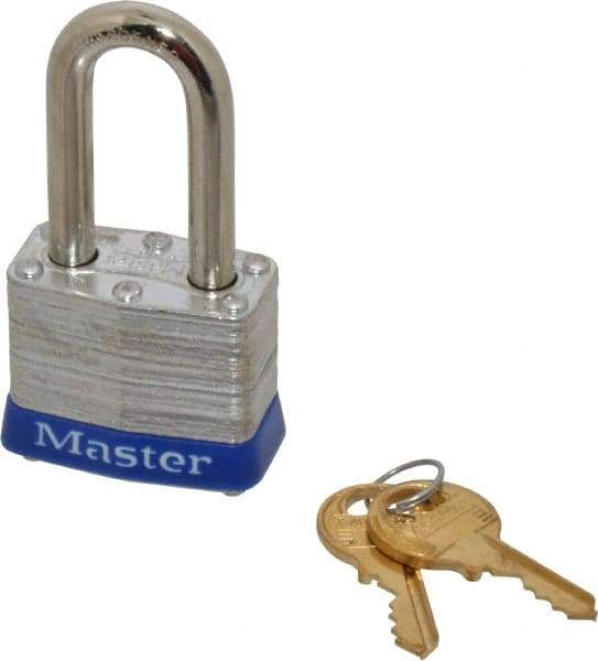 Master Lock - Keyed Different Retaining Key Conductive Lockout Padlock - 1-1/2" Shackle Clearance, 9/32" Shackle Diam, 1-1/4" Body Height x 1-9/16" Body Width, Blue, 4 Pins - USA Tool & Supply