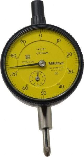 Mitutoyo - 10mm Range, 0-100 Dial Reading, 0.01mm Graduation Dial Drop Indicator - 2-3/16" Dial, 1mm Range per Revolution, 0.013mm Accuracy, Revolution Counter - USA Tool & Supply