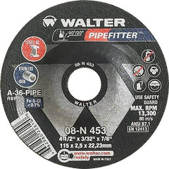 WALTER Surface Technologies - 36 Grit, 4-1/2" Wheel Diam, 3/32" Wheel Thickness, 7/8" Arbor Hole, Type 27 Depressed Center Wheel - Aluminum Oxide/Silicon Carbide Blend, Resinoid Bond, 13,300 Max RPM - USA Tool & Supply