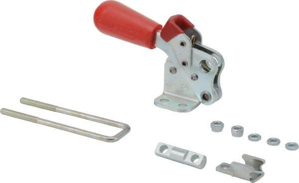 De-Sta-Co - 495 Lb Capacity, Vertical, J Hook, Flanged Base, Carbon Steel Pull Action Latch Clamp - 1.53" Drawing Movement, 3.47" OAL, Threaded U Hook, Straight Handle - USA Tool & Supply