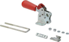 De-Sta-Co - 495 Lb Capacity, Vertical, J Hook, Flanged Base, Carbon Steel Pull Action Latch Clamp - 1.53" Drawing Movement, 3.47" OAL, Threaded U Hook, Straight Handle - USA Tool & Supply