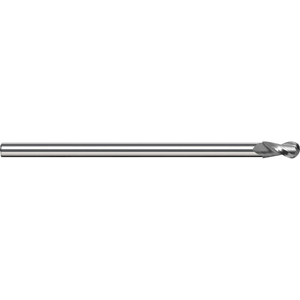 Ball End Mill: 0.1562″ Dia, 0.234″ LOC, 2 Flute, Solid Carbide 2-1/2″ OAL, 1/8″ Shank Dia, 35 ° Helix, Uncoated, Single End