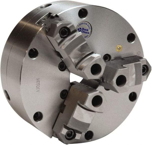 Buck Chuck Company - 3 Jaws, 6" Diam, Self Centering Manual Lathe Chuck - Plain Back Mount Spindle, Adjustable, Reversible, 3,000 Max RPM, 1-11/16" Through Hole Diam, Cast Iron - USA Tool & Supply