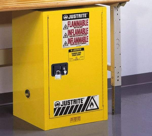 Justrite - 1 Door, 1 Shelf, Yellow Steel Space Saver Safety Cabinet for Flammable and Combustible Liquids - 35" High x 23-1/4" Wide x 18" Deep, Self Closing Door, 12 Gal Capacity - USA Tool & Supply