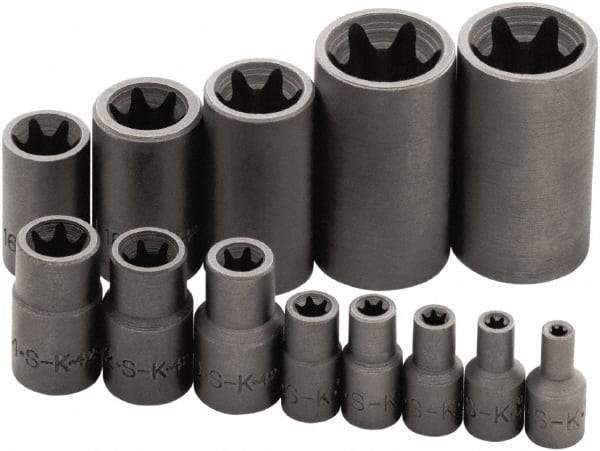 SK - 13 Piece 1/4, 3/8 & 1/2" Drive Standard Socket Set - 6 Points, E4 to E24 Torx, Torx Measurement Standard - USA Tool & Supply