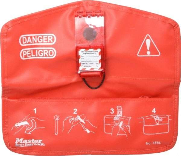 Master Lock - 3/8 to 4 Inch Valve Handle Size, PVC Polyester Fabric and High-Density Polyethylene Bag Style Ball Valve Lockout - Red - USA Tool & Supply