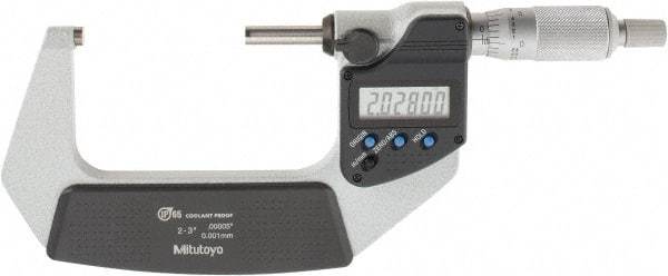 Mitutoyo - 2 to 3 Inch Range, 0.0001 Inch Resolution, Standard Throat, IP65 Electronic Outside Micrometer - 0.0001 Inch Accuracy, Ratchet Stop Thimble, Carbide Face, SR44 Battery, Includes Plastic Case - USA Tool & Supply