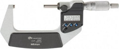 Mitutoyo - 2 to 3 Inch Range, 0.0001 Inch Resolution, Standard Throat, IP65 Electronic Outside Micrometer - 0.0001 Inch Accuracy, Ratchet Stop Thimble, Carbide Face, SR44 Battery, Includes Plastic Case - USA Tool & Supply