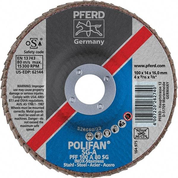 PFERD - 80 Grit, 4" Disc Diam, 5/8" Center Hole, Type 27 Aluminum Oxide Flap Disc - 15,300 Max RPM, Fiberglass Backing, Arbor Attaching System, Coated - USA Tool & Supply