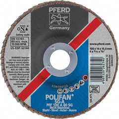 PFERD - 80 Grit, 4" Disc Diam, 5/8" Center Hole, Type 27 Aluminum Oxide Flap Disc - 15,300 Max RPM, Fiberglass Backing, Arbor Attaching System, Coated - USA Tool & Supply