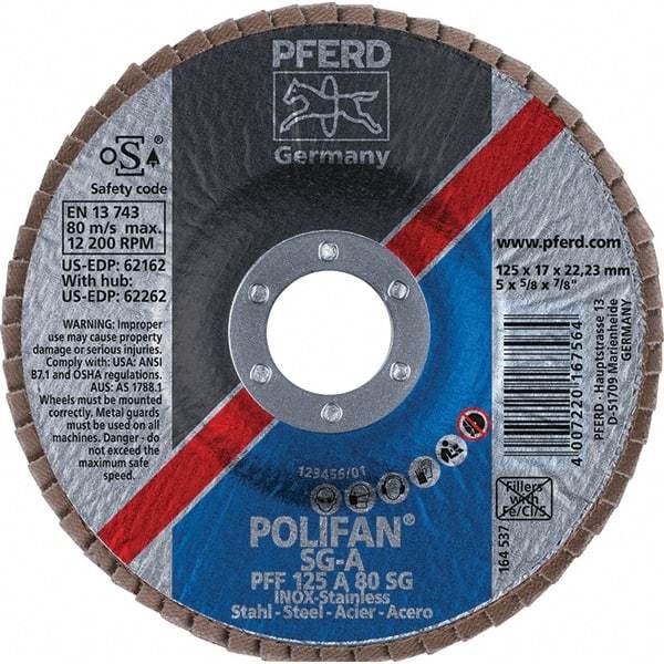 PFERD - 80 Grit, 5" Disc Diam, 7/8" Center Hole, Type 27 Aluminum Oxide Flap Disc - 12,200 Max RPM, Fiberglass Backing, Arbor Attaching System, Coated - USA Tool & Supply