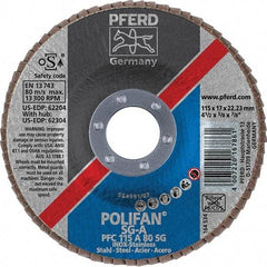PFERD - 80 Grit, 4-1/2" Disc Diam, 7/8" Center Hole, Type 29 Aluminum Oxide Flap Disc - 13,300 Max RPM, Fiberglass Backing, Arbor Attaching System, Coated - USA Tool & Supply