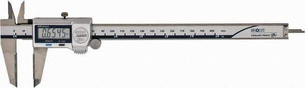Mitutoyo - 0 to 200mm Range, 0.01mm Resolution, IP67 Electronic Caliper - Stainless Steel with 50mm Carbide-Tipped Jaws, 0.02mm Accuracy - USA Tool & Supply