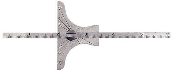 General - 0 to 6 Inch Rule Measurement Range, 30 to 60° Angle Measurement Range, Hardened Steel (Base); Stainless Steel (Rule) Depth and Angle Gage - 60° Angle Graduation, 2-1/2 Inch Long Base, 1/4 Inch Wide Rule, 1/64; 1/32 Inch Rule Graduation - USA Tool & Supply