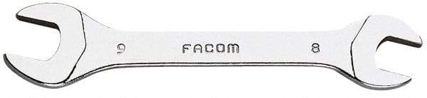 Facom - 8mm x 9mm Stubby Open End Wrench - 3-1/2" OAL, Double End, Satin Finish, 15° Head Angle - USA Tool & Supply