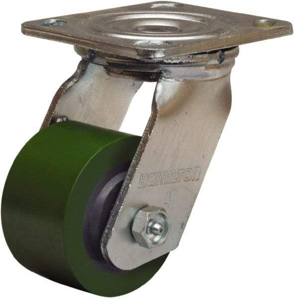 Hamilton - 3-1/4" Diam x 2" Wide x 5-1/4" OAH Top Plate Mount Swivel Caster - Polyurethane Mold onto Cast Iron Center, 575 Lb Capacity, Straight Roller Bearing, 4 x 4-1/2" Plate - USA Tool & Supply